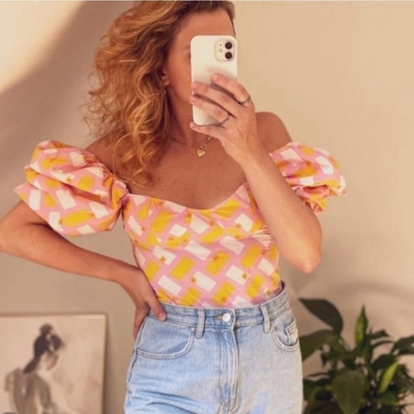 New Zara Poplin Floral Embroidery Barbie Pink Geo Print Bodysuit/Top NWT Small - Picture 6 of 17